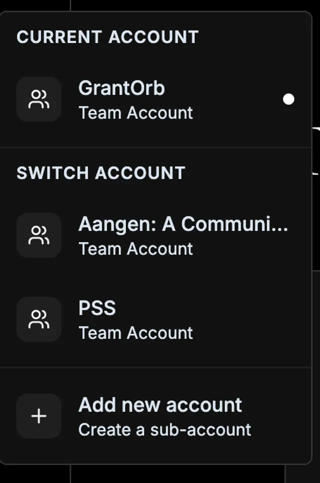 GrantOrb's client account switcher — switch between clients instantly, each in its own separated workspace