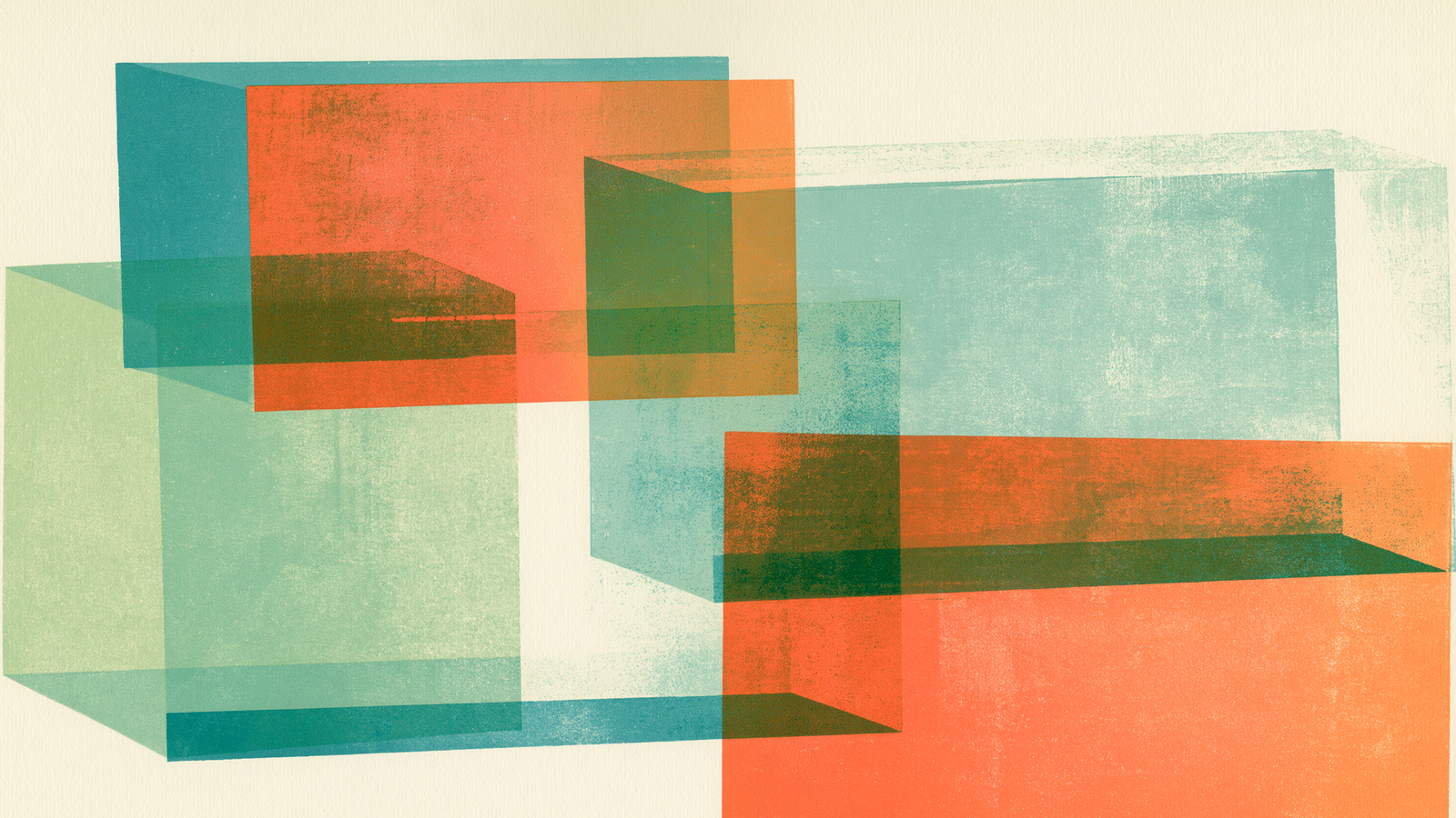 Risograph print: translucent teal, sage, and orange volumes overlapping like separate-but-connected client workspaces