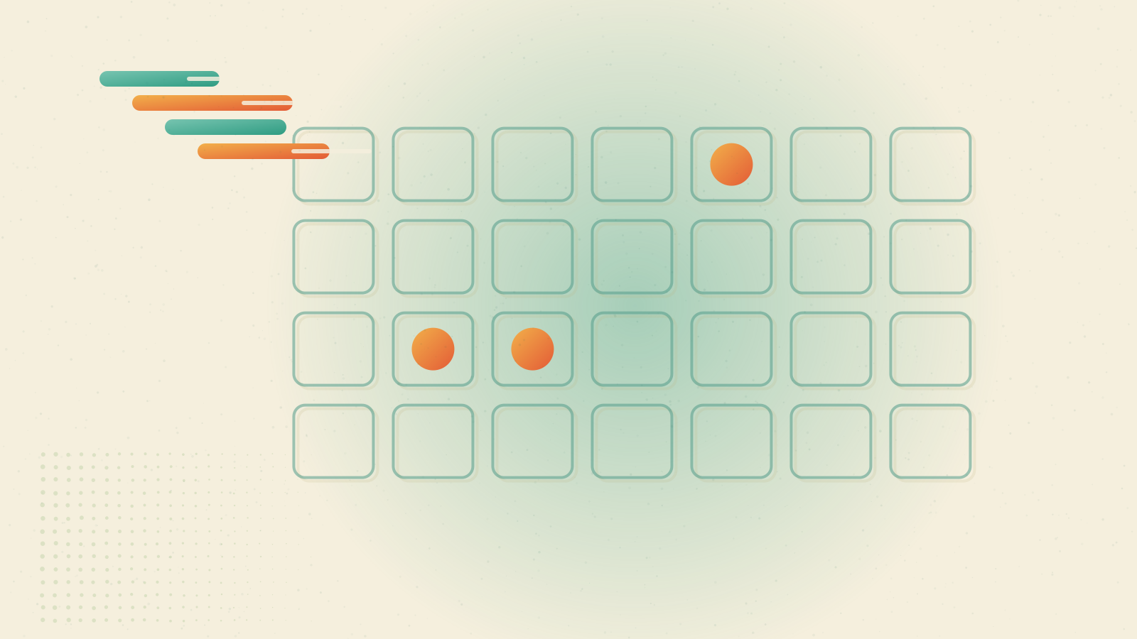 Risograph print: a teal calendar grid with marigold and sunset dots clustered through fall