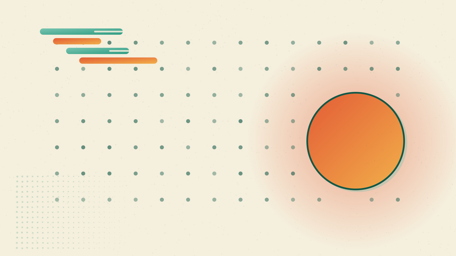 Risograph print: sunset-orange produce rows radiating from a teal city block on cream