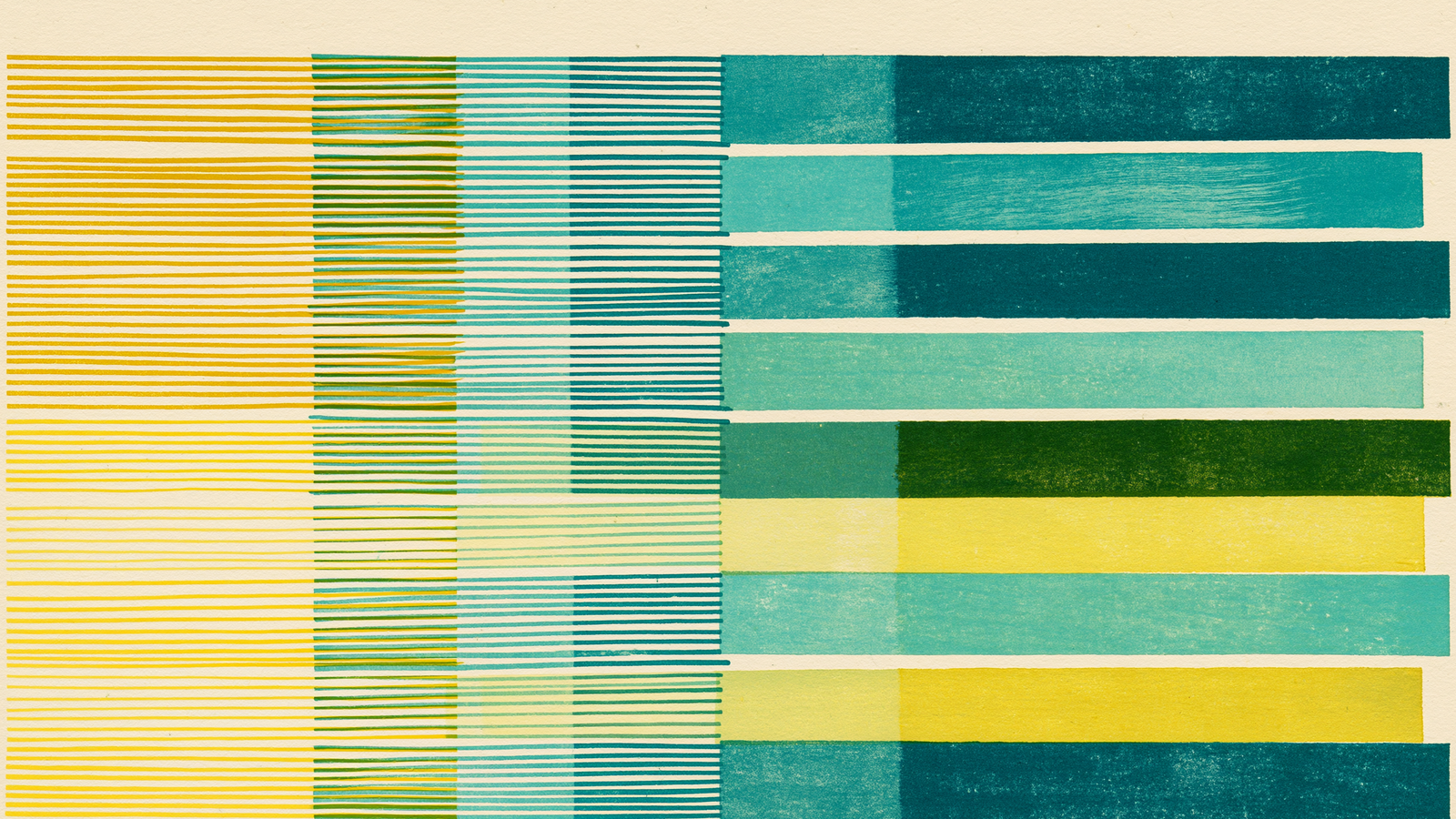 Risograph print: rows of thin empty yellow lines resolving left-to-right into solid filled teal bars, like a blank form filling into a finished draft