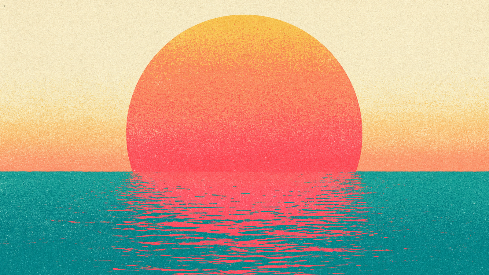 Risograph print: a warm gradient sun rising over a teal sea, its pink reflection rippling on the water