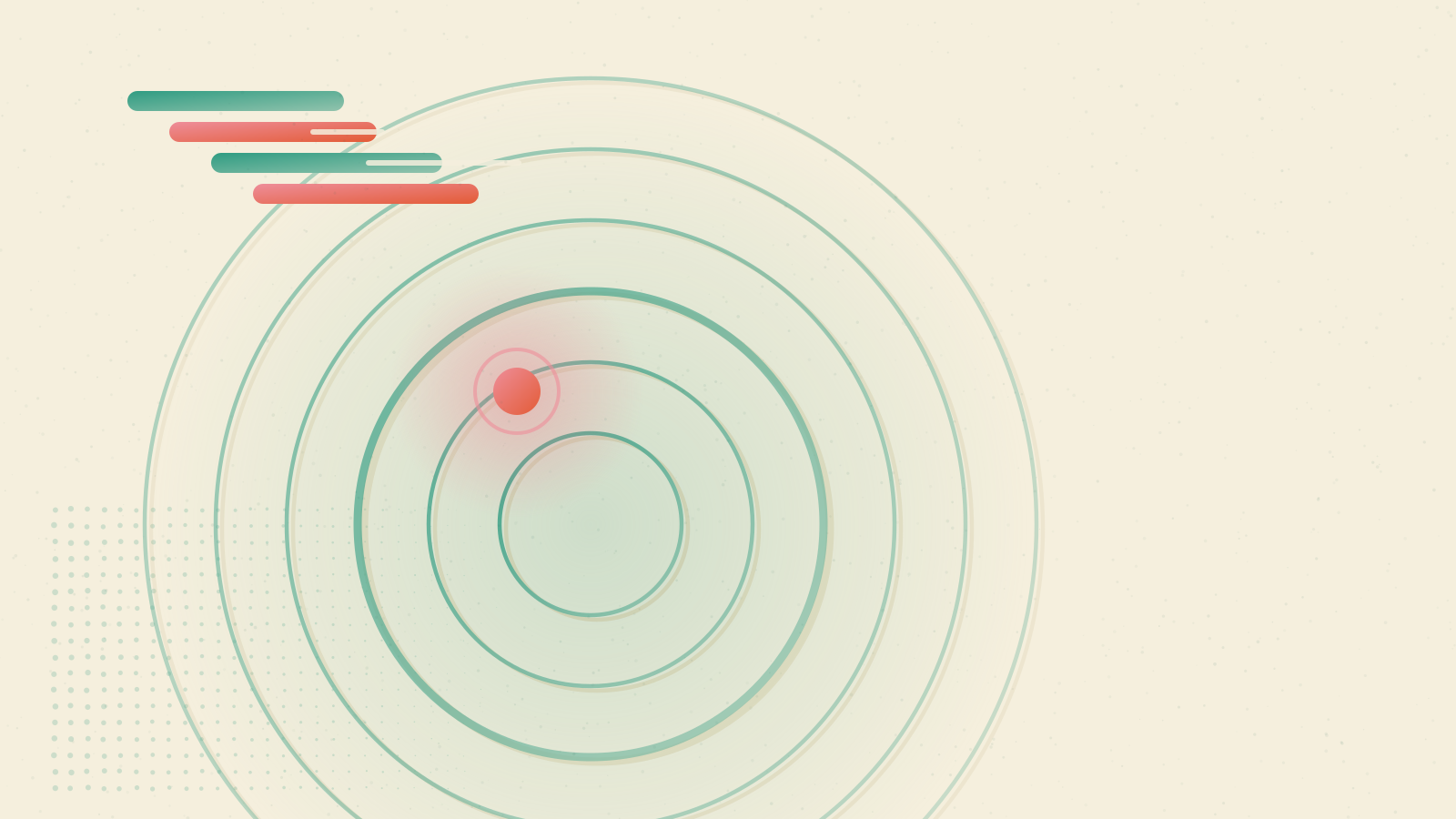 Risograph print: two warm overlapping circles, rose and marigold, sharing a quiet teal horizon