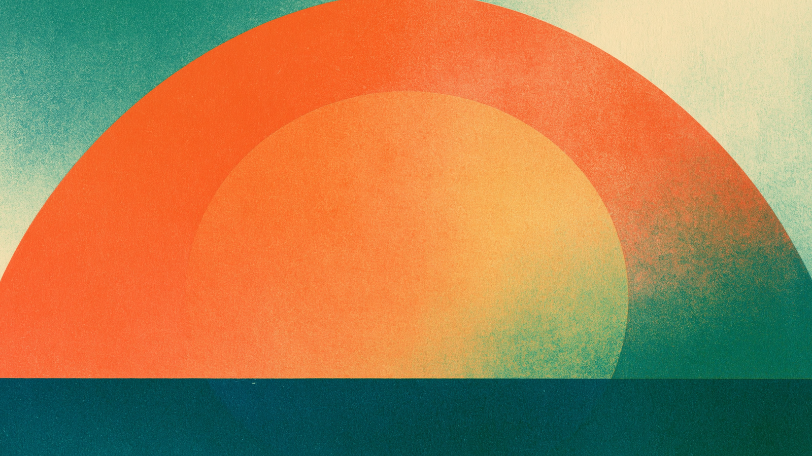 Risograph print: one monumental sun arch in sunset orange rising over a deep teal sea
