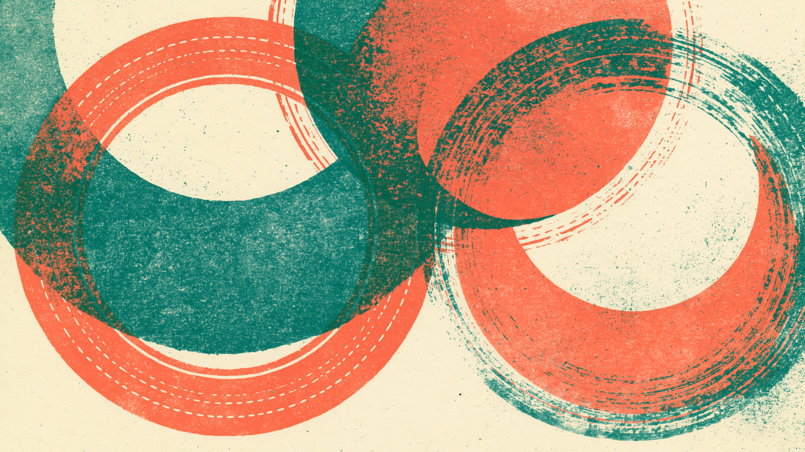 Risograph print: overlapping teal and coral ring-seals with dashed stitching, like passport stamps pressed over one another on cream paper