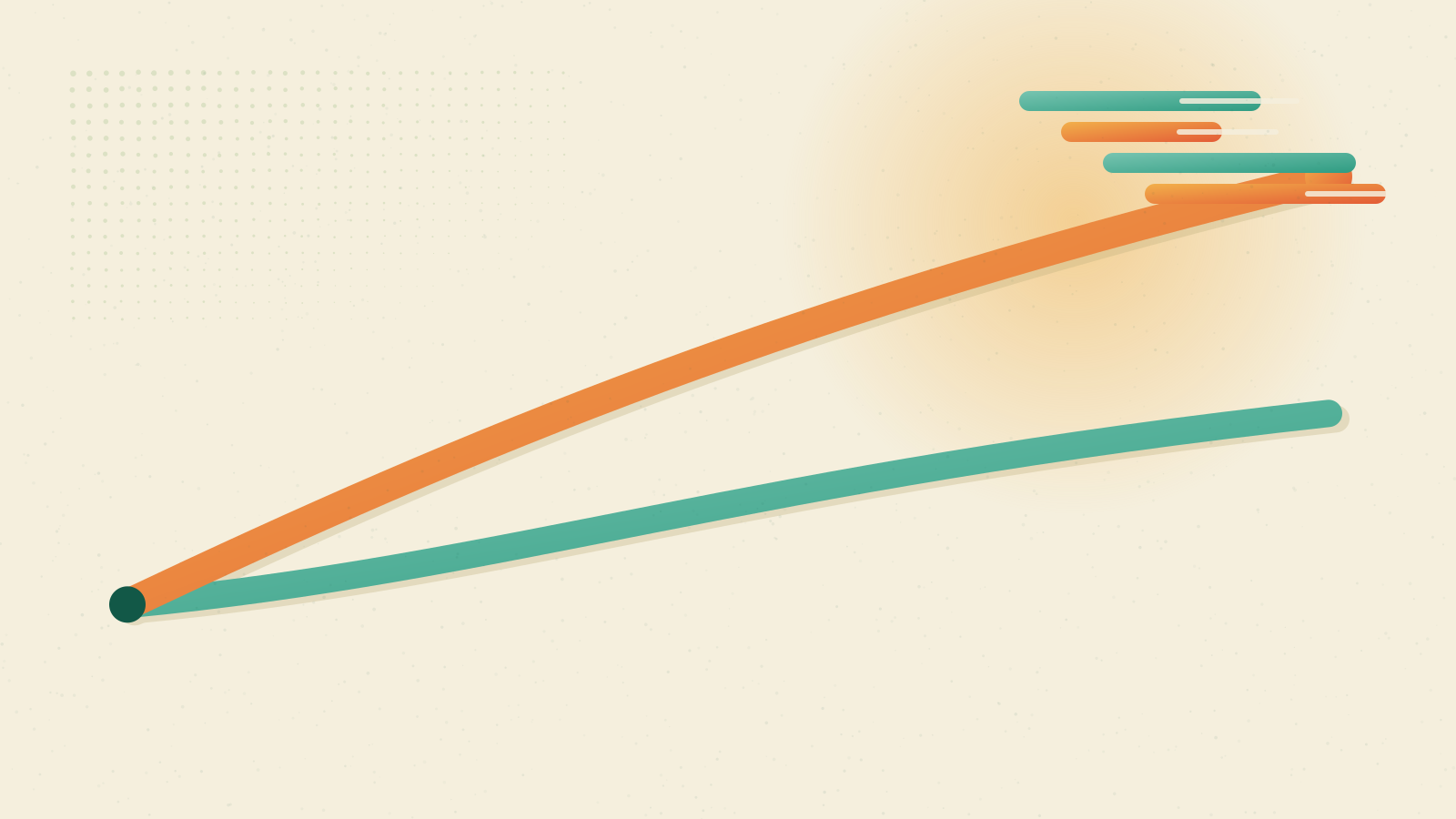Risograph print: a tall teal figure and small marigold figure walking a rising sunset path