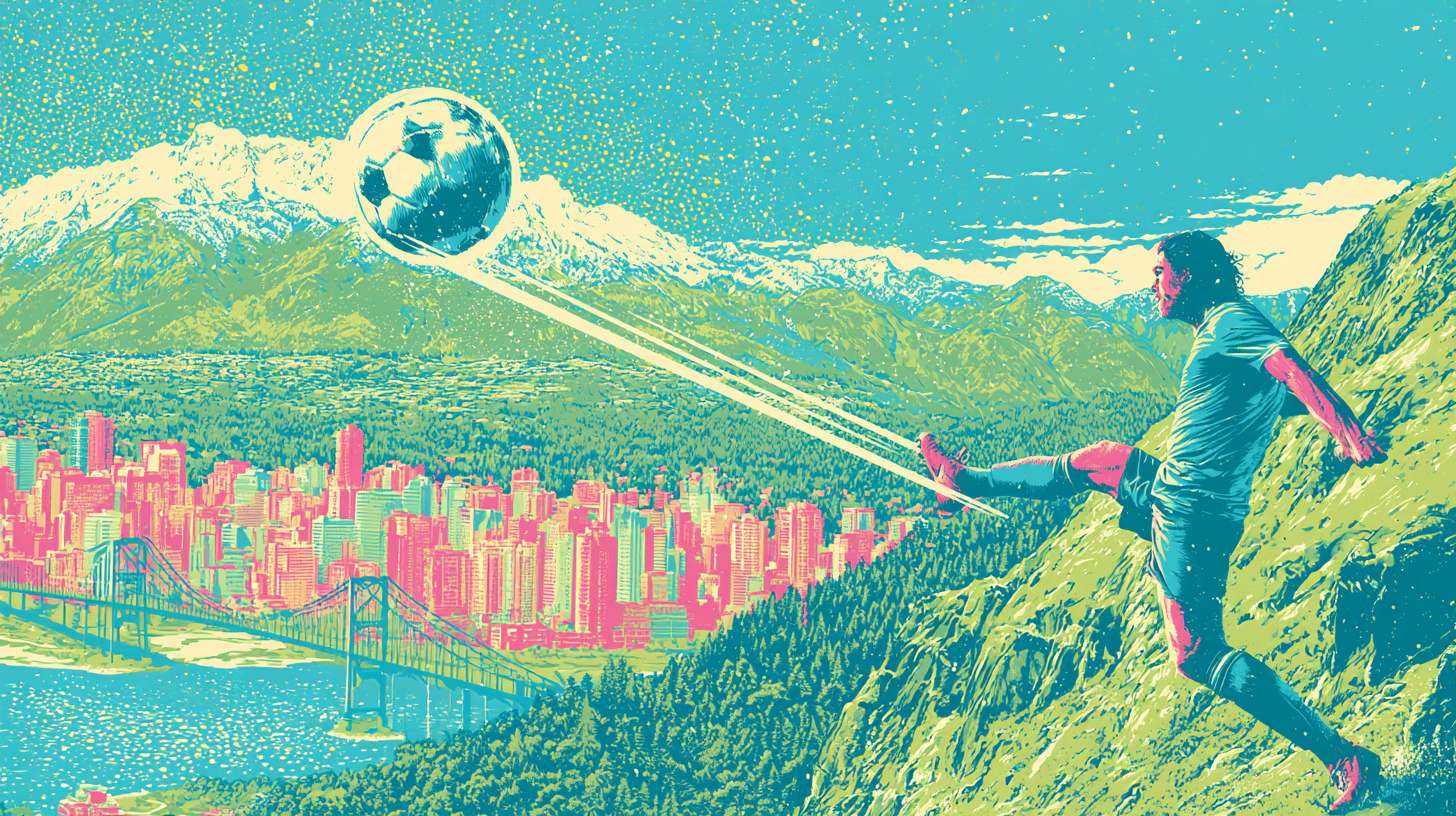 Risograph illustration: a player kicking a soccer ball over the Vancouver skyline, the North Shore mountains, the forest and the bridge.